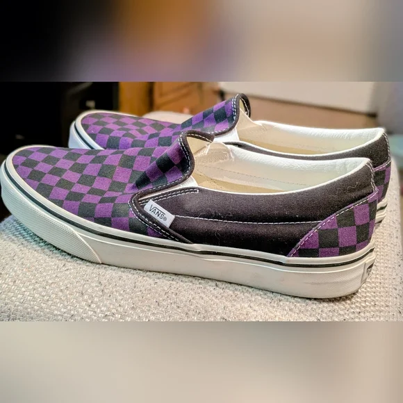 Vans Purple and Black Checkered Slip-On Shoes - Picture 5 of 6